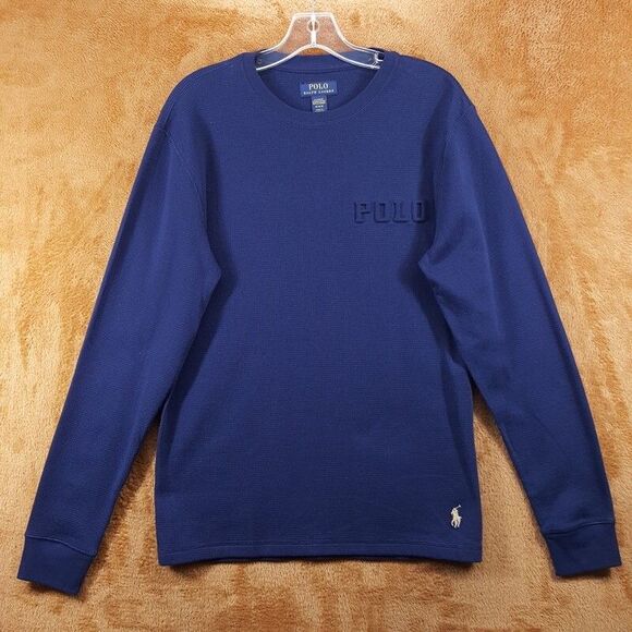 POLO Shirt Mens Medium Blue Pullover Crew Thermal Long Sleeve Raised Logo Pony - Picture 1 of 8